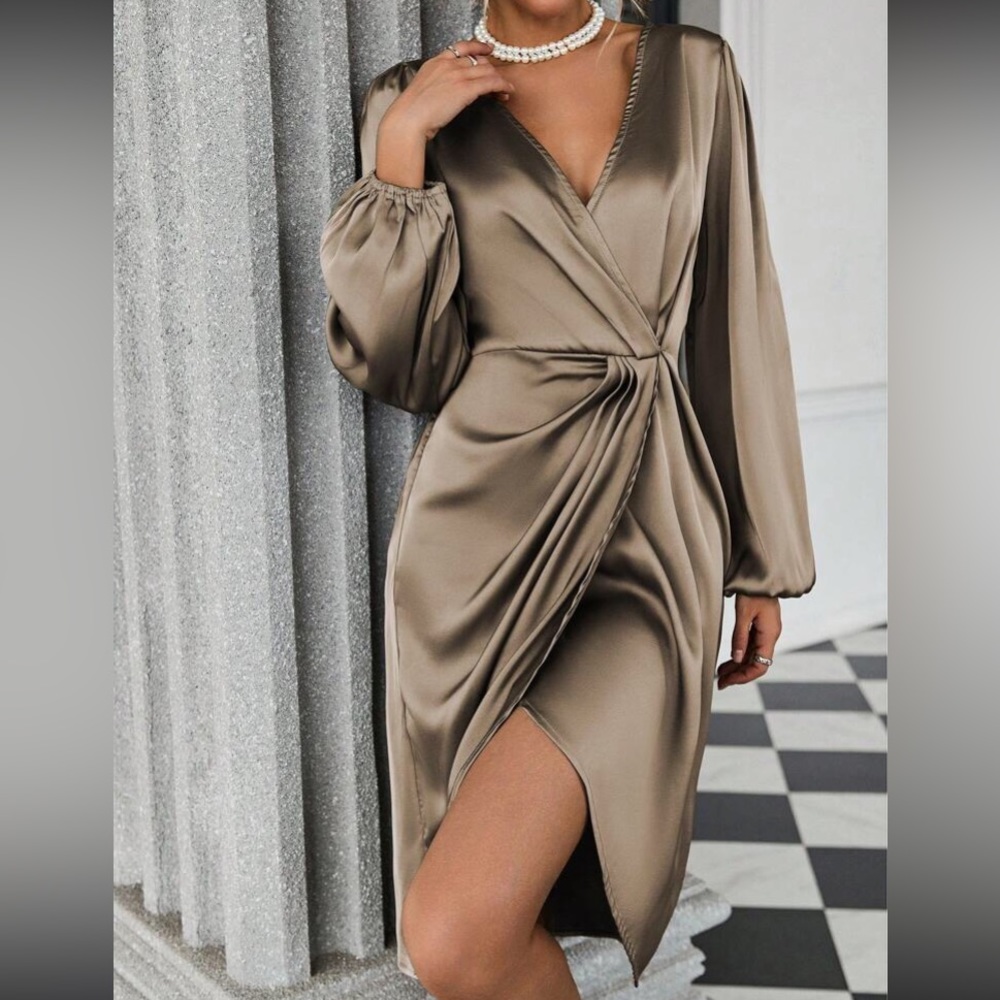 Luxe lantern sleeve wrap hem dress